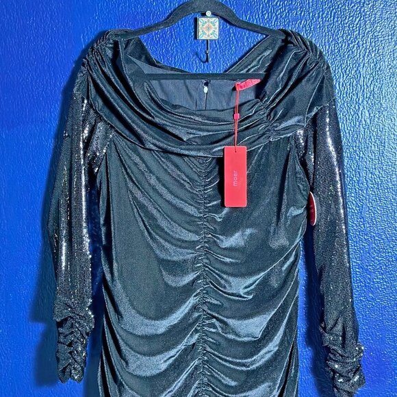 Black Maer Dress Long Sleeves Cocktail Party Cowl Neckline Sz 16 sequined - Picture 2 of 8